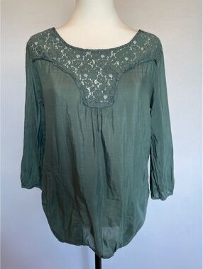 Trinity Teal Green Cotton Silk Lace Boho Peasant Blouse Pockets Medium